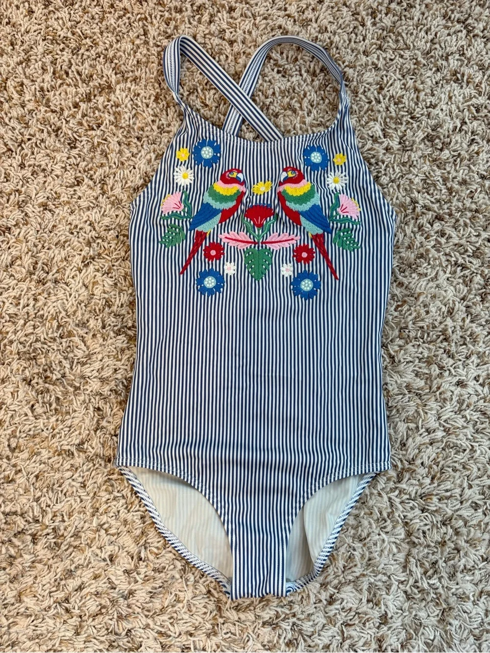 Boden Striped One-Piece Swimsuit with Embroidered Parrots